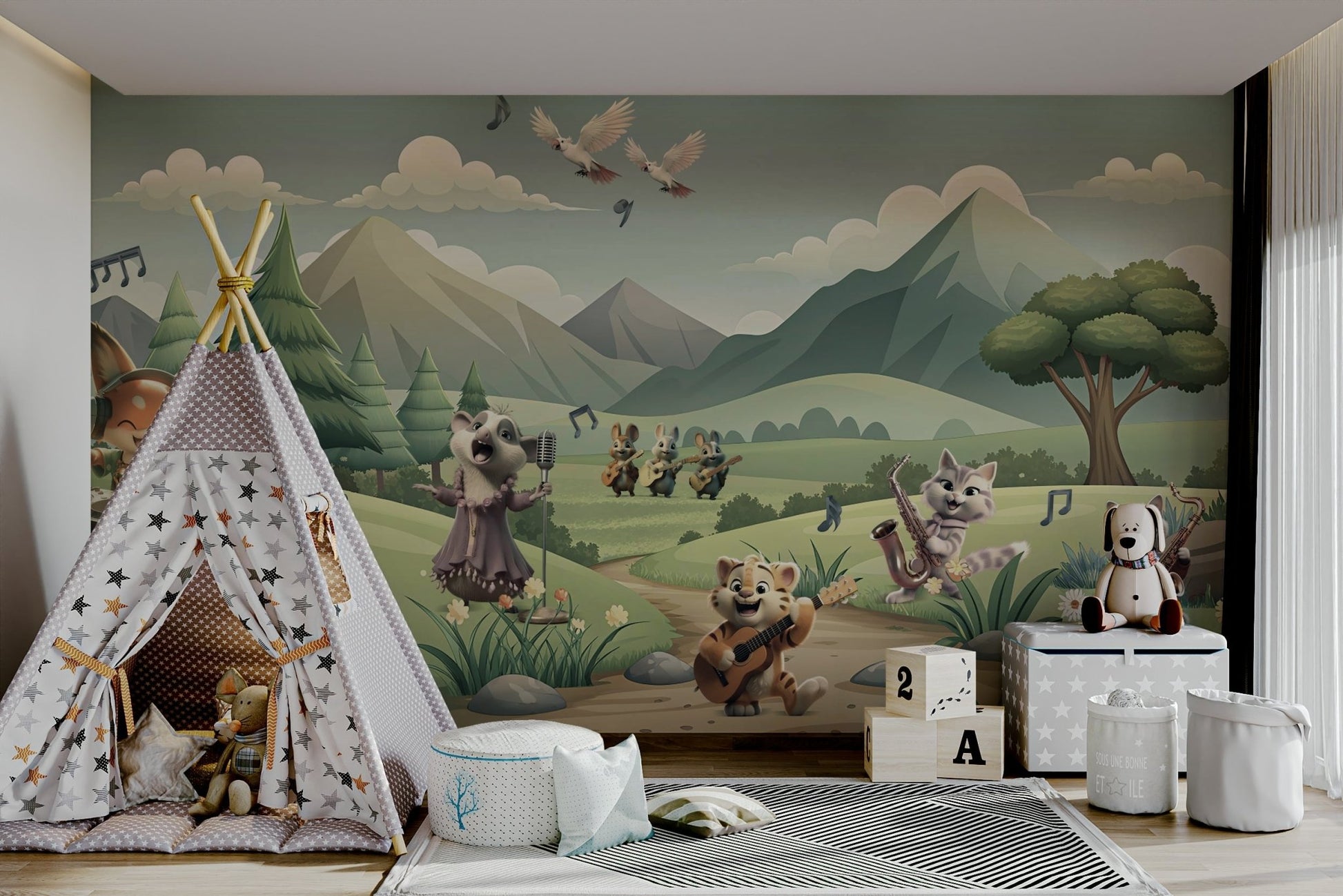 Scenic wallpaper with cartoon animals and instruments

