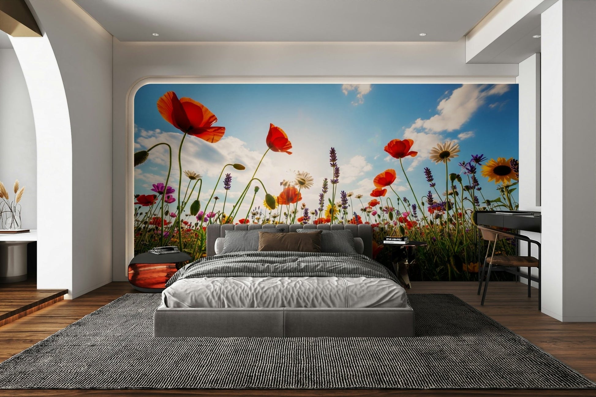 The mural is created for an entire wall, providing an immersive feel.
