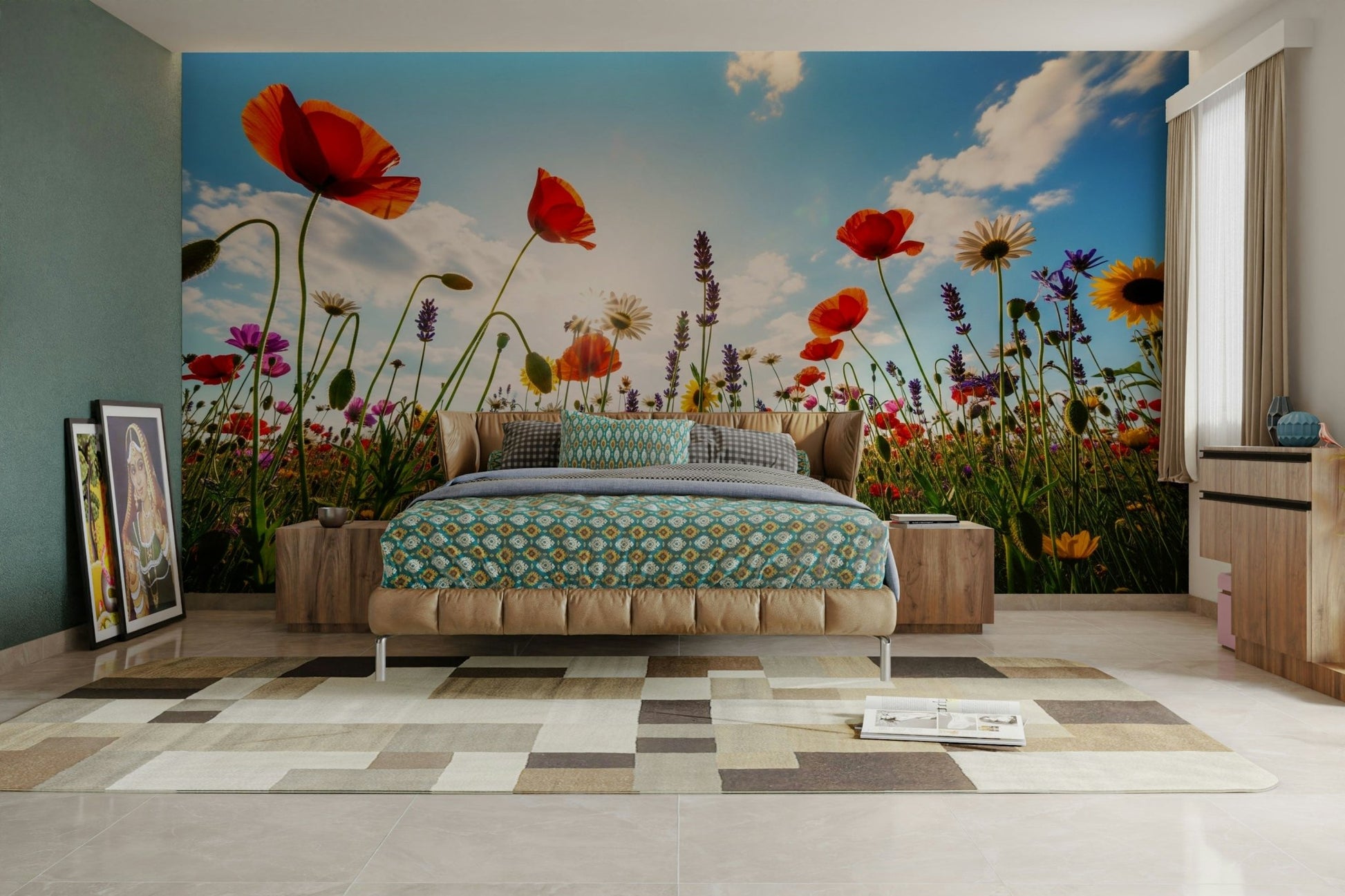 The scene is bathed in a warm, golden sunlight.
