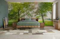 The design features a path leading through a field of grass and flowers.

