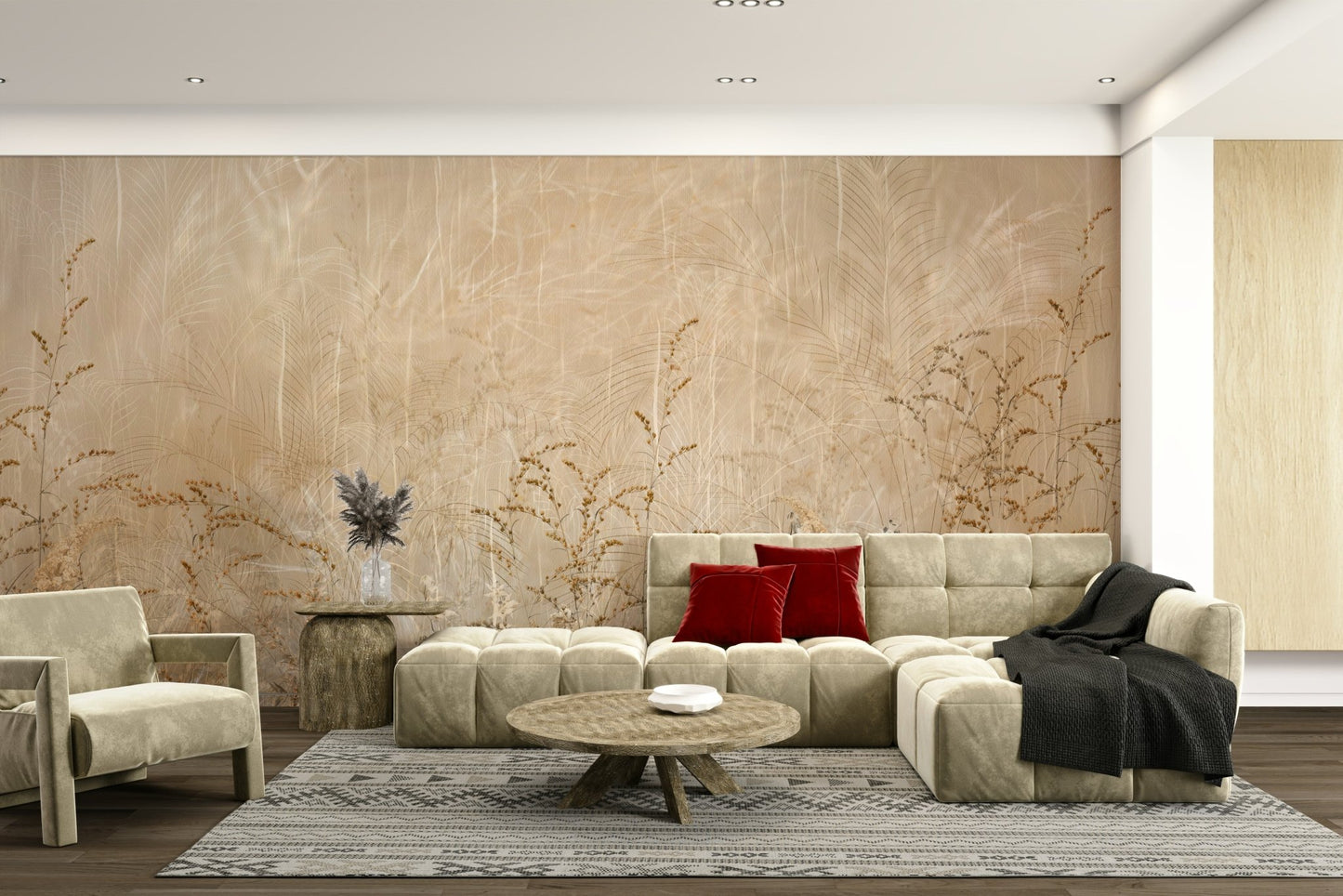 The mural depicts a peaceful meadow of wildflowers and grass.
