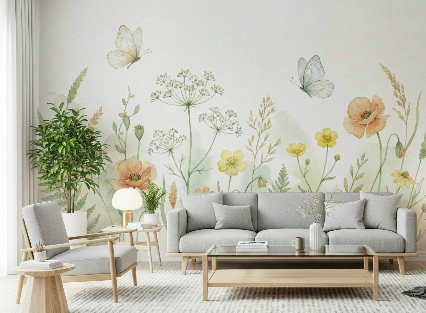 Artistic meadow whispers wall mural in a light filled room