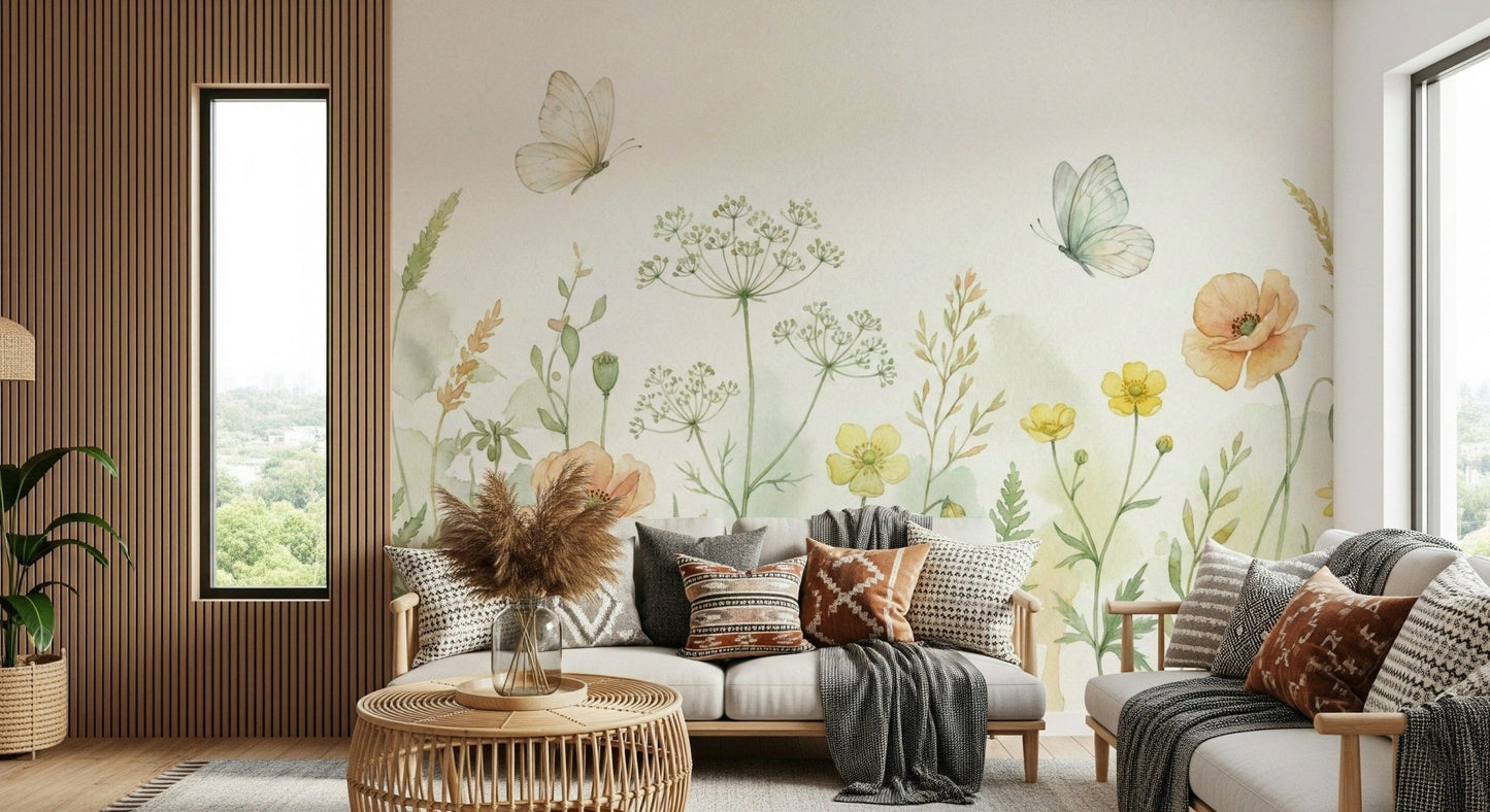 Meadow whispers wall mural for a chic salon feature wall