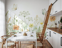 Calm botanical wallpaper mural for a breakfast bar area