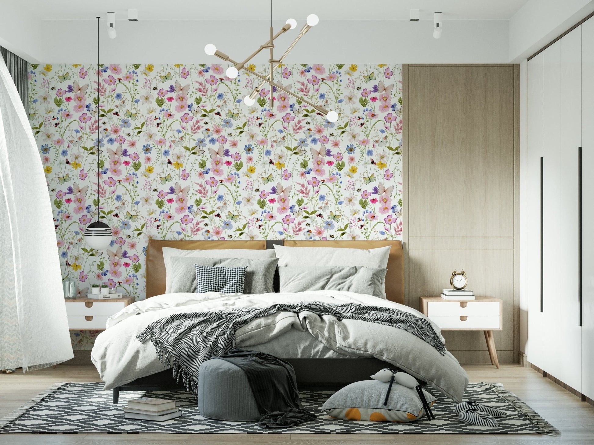 Butterfly and wildflower repeat pattern Meadow Whispers wall mural art.