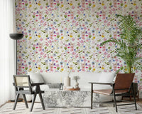 Light blue pink yellow flower botanical art Meadow Whispers wall mural.
