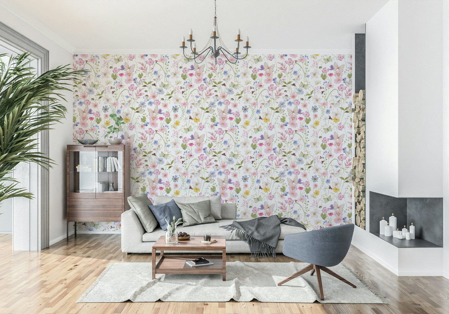 Artistic brushstroke style floral Meadow Whispers wallpaper for walls.