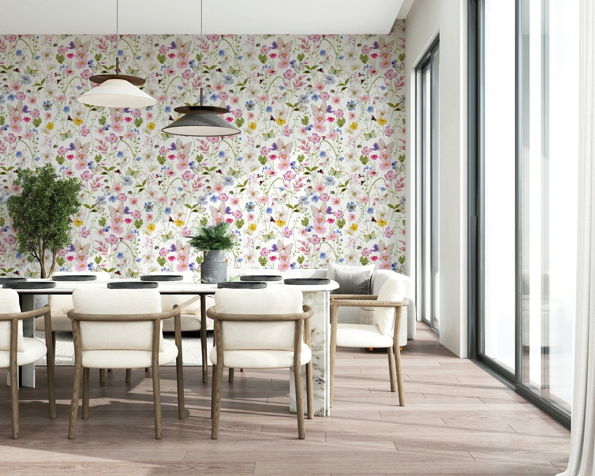 Whimsical garden scene with insects Meadow Whispers wall decor.
