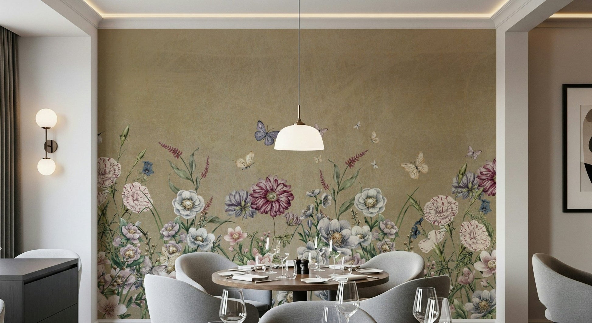 Elegant meadow wall mural with muted tones for a living room wallpaper.