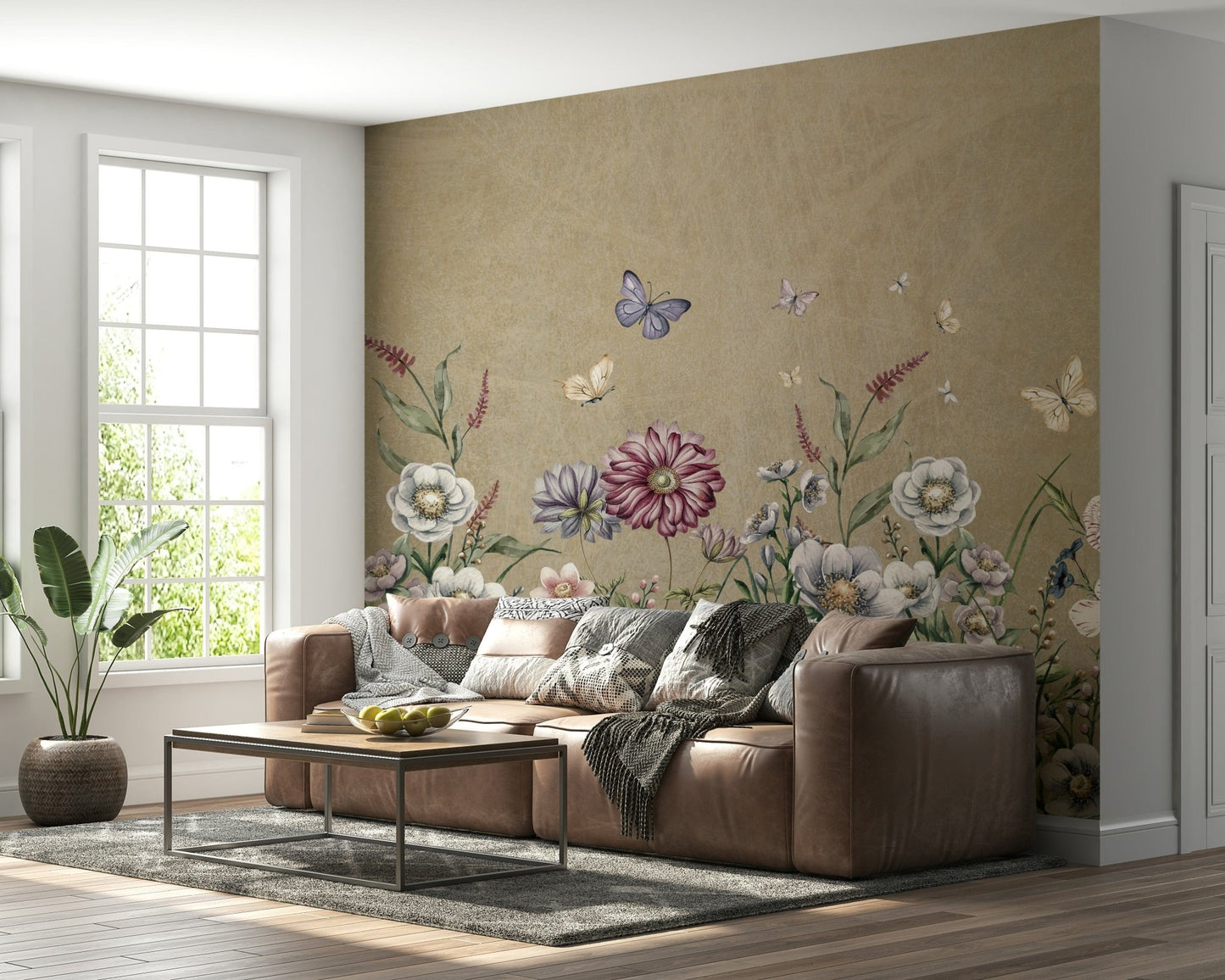 Meadow's Whisper Wall Mural in a bright dining space with oak decor wallpaper.