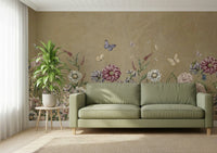 Meadow's Whisper Wall Mural behind a wooden desk in a home office wallpaper.
