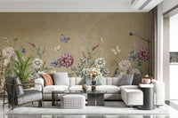 Light botanical wallpaper for a sophisticated vanity area wall mural.