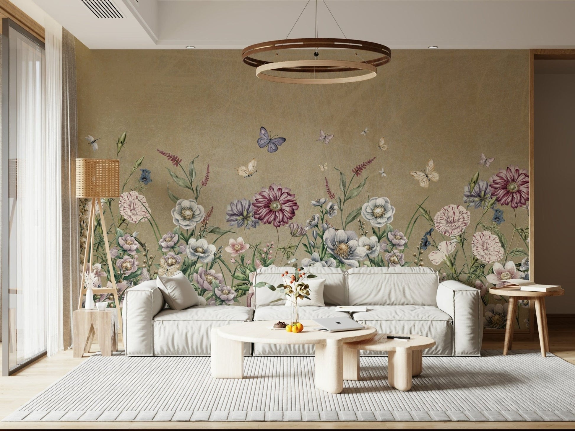 Meadow's Whisper Wall Mural in a minimalist bedroom with sage bedding wallpaper.