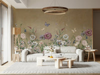 Meadow's Whisper Wall Mural in a minimalist bedroom with sage bedding wallpaper.