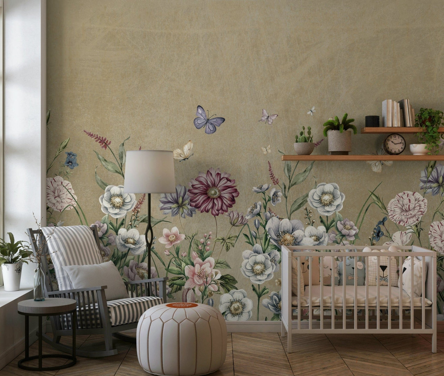 Soft wild grass wallpaper with botanical stems for a nursery wall mural.