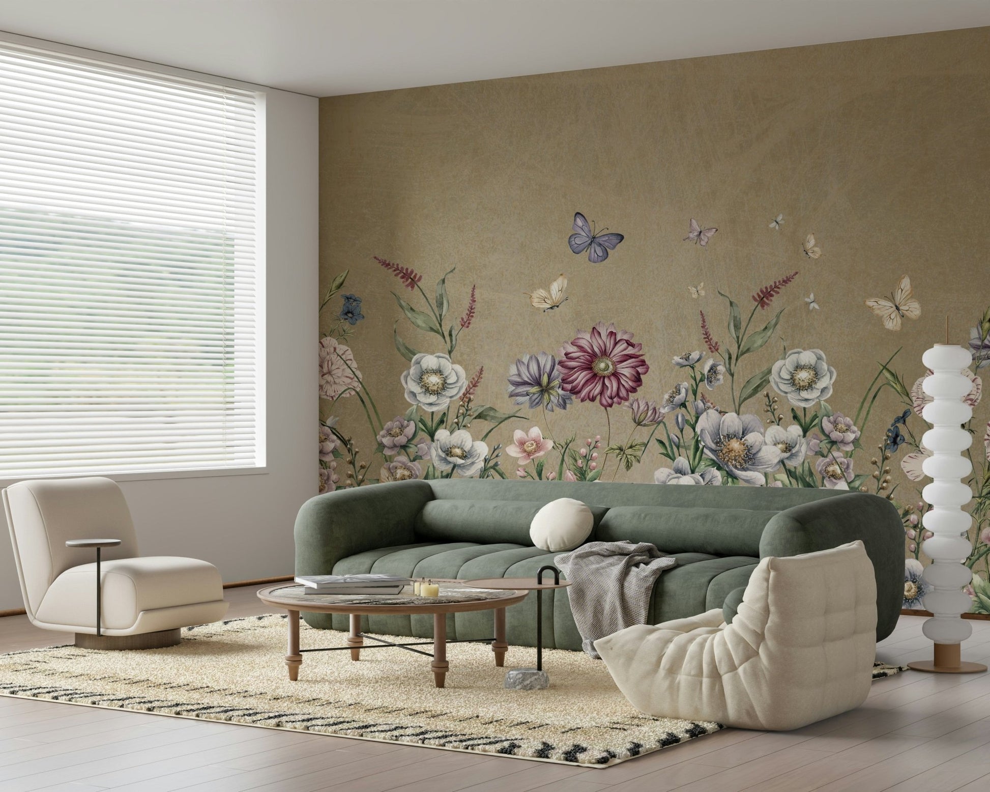 Delicate floral field design on a textured wall mural for a hallway wallpaper.