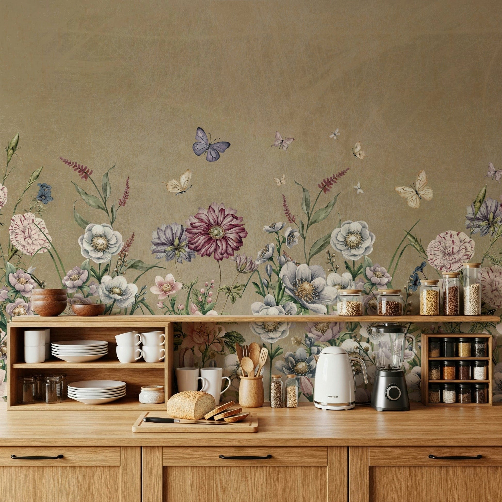 Modern botanical wallpaper for a feature wall in a contemporary lounge wall mural.