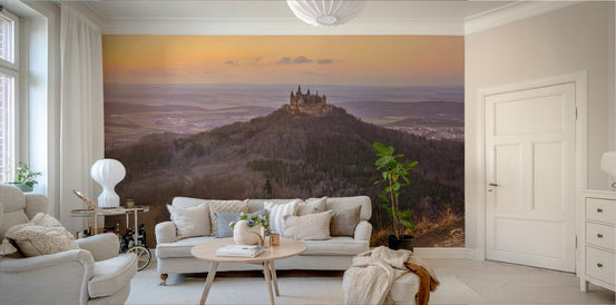 Medieval Majesty wall mural showing a hilltop castle above a misty valley at dusk GD4996
