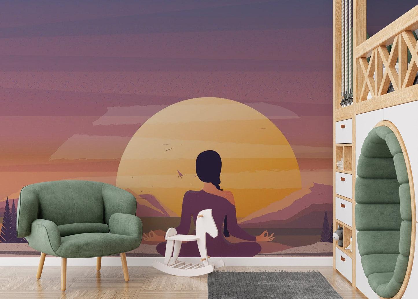 Serene sun motif mural for meditation walls