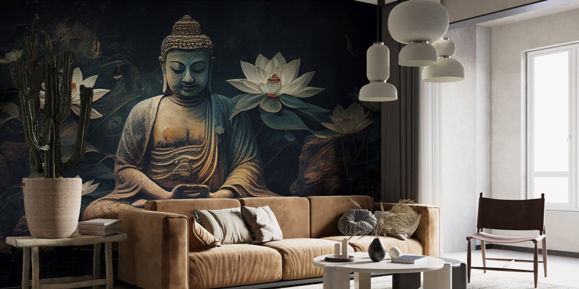 Serene Buddha mural with lotus flowers, B361