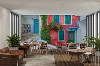 A beautiful wide-angle wall mural of a seaside town.

