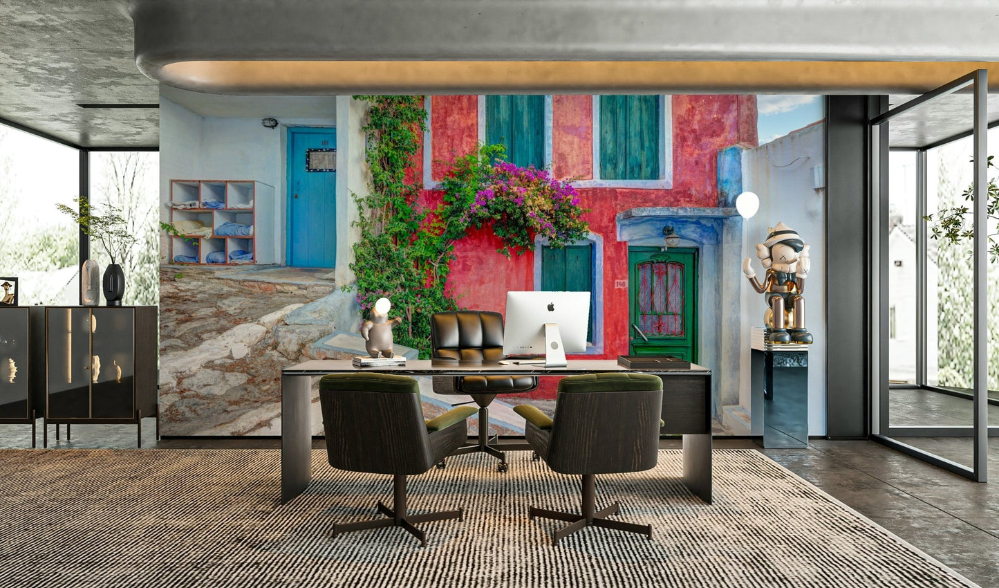 An artistic Greek island mural on minimalist wallpaper.

