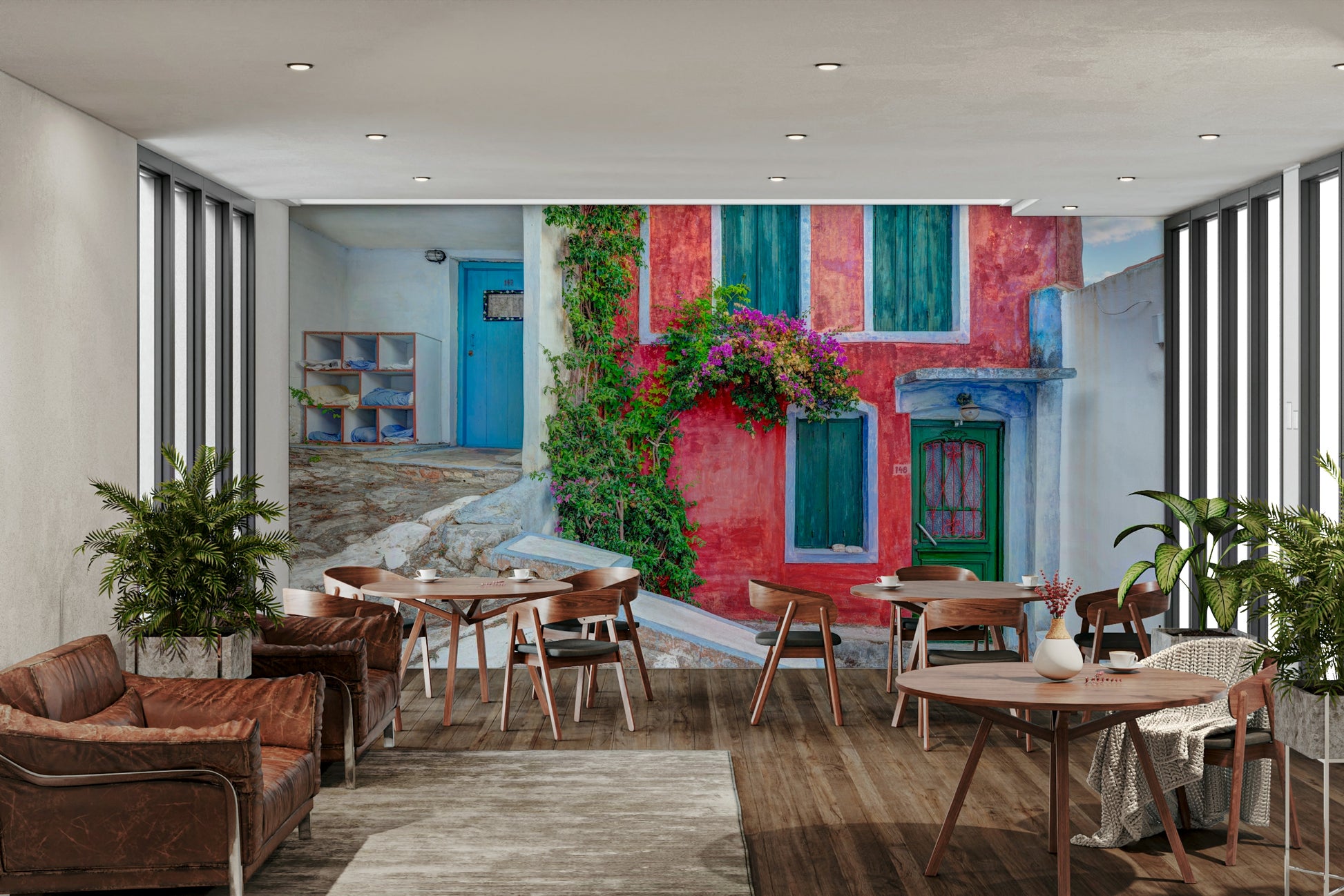 A beautiful wide-angle wall mural of a seaside town.

