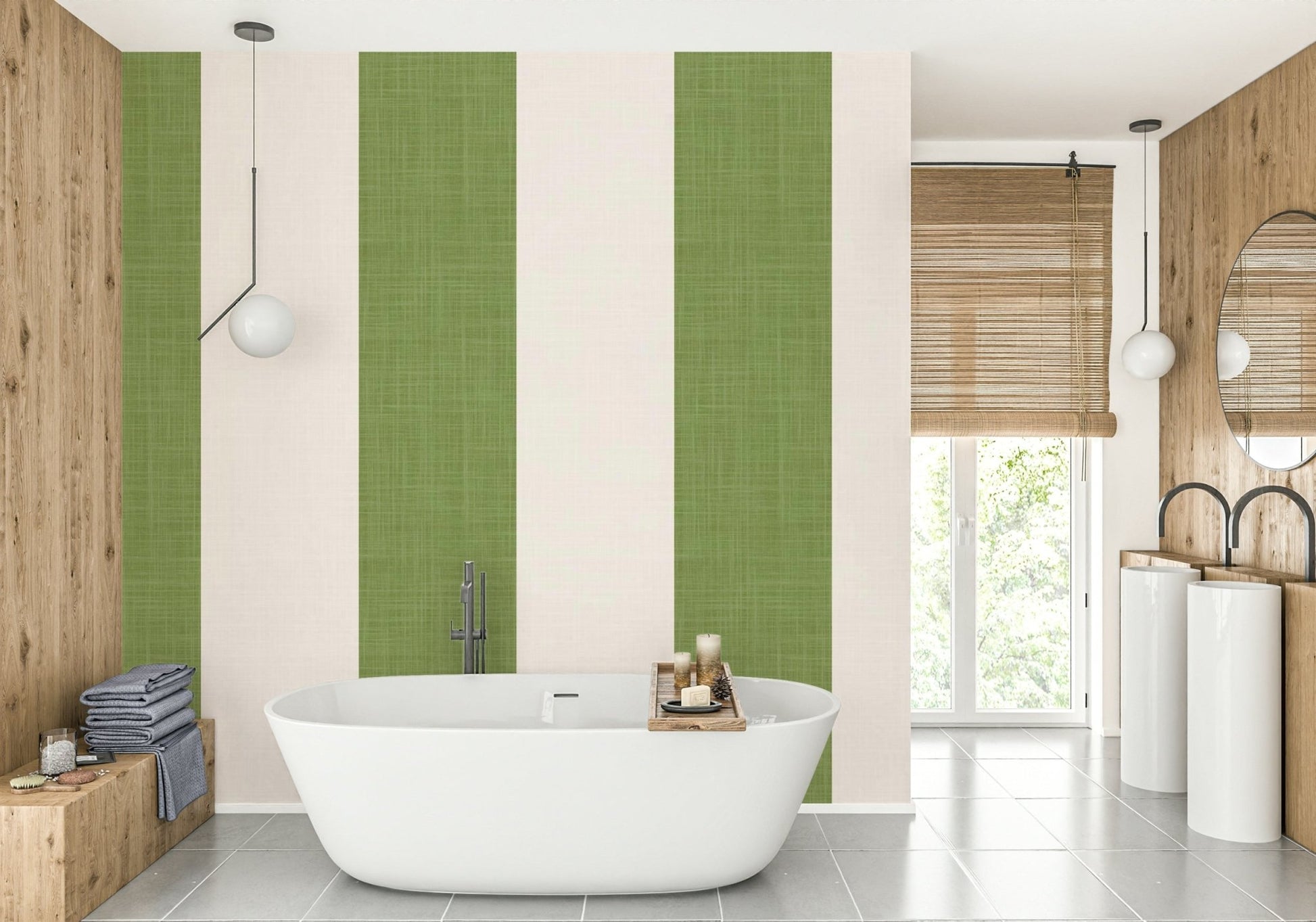Beach house wall with green and ivory stripes

