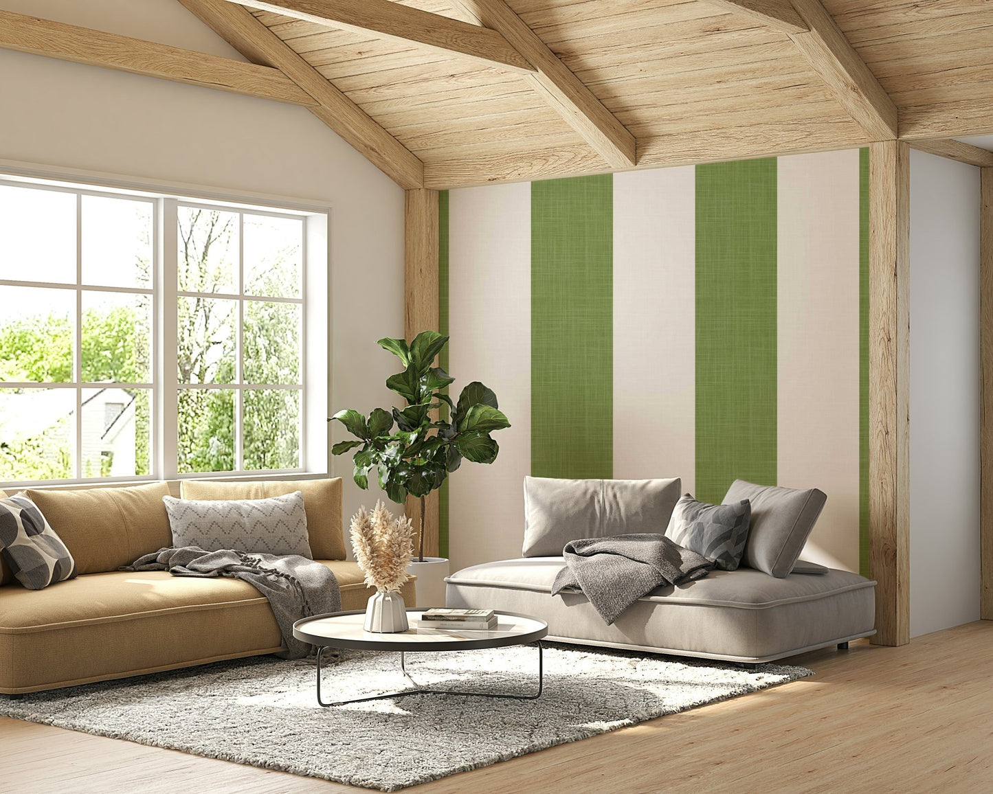 Close-up of green ivory stripe wallpaper texture

