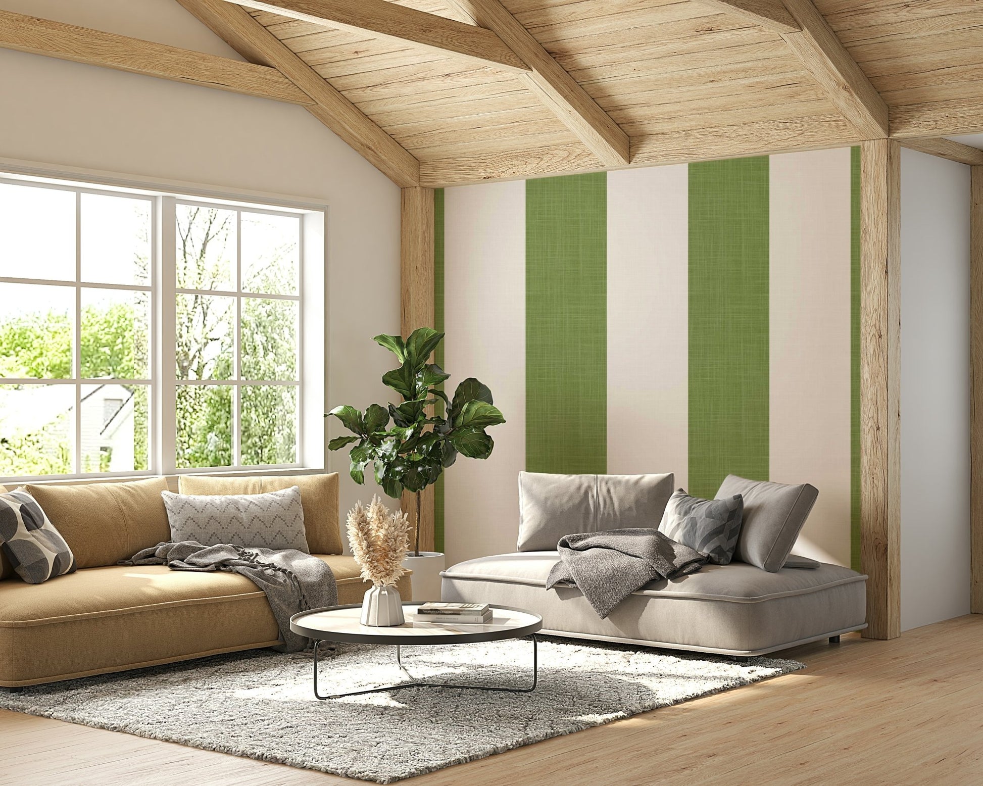 Close-up of green ivory stripe wallpaper texture

