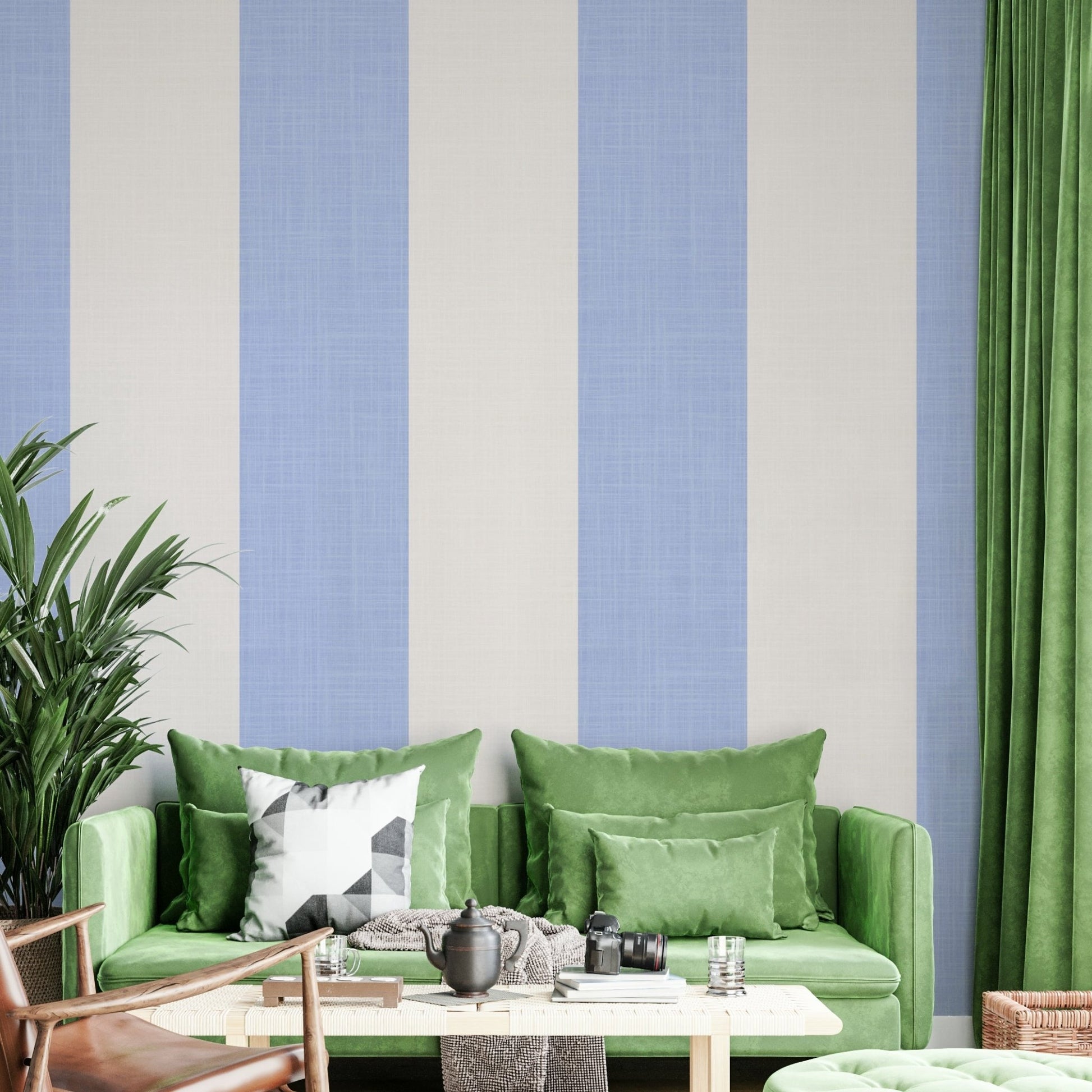 Living room accent with coastal striped wallpaper


