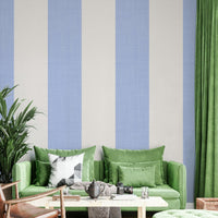 Living room accent with coastal striped wallpaper

