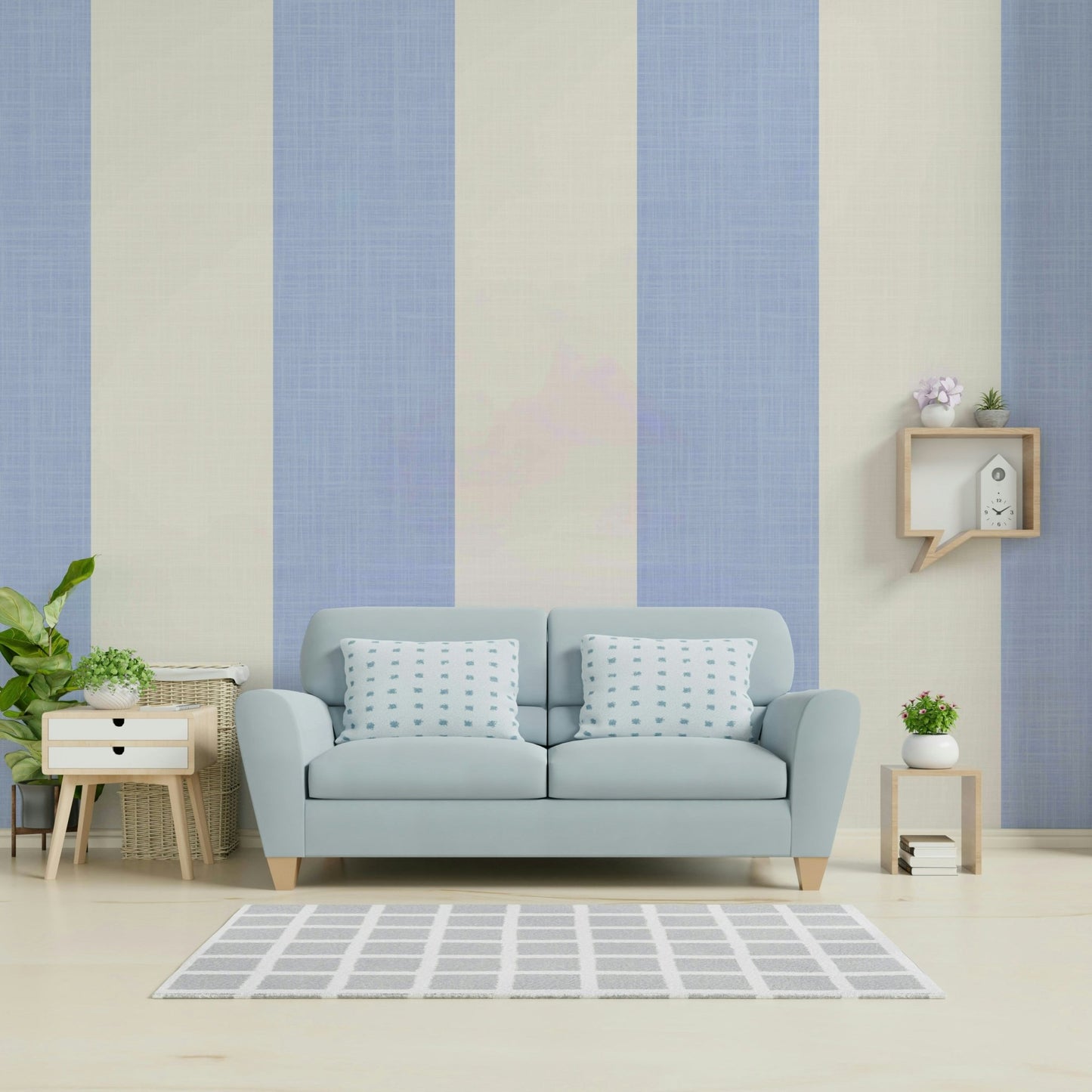 Bedroom decorated with periwinkle ivory stripes wallpaper

