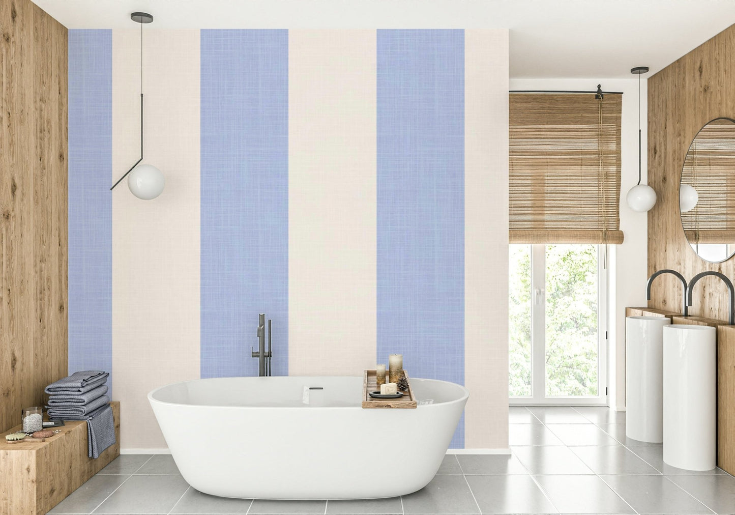 Periwinkle and ivory striped wallpaper for walls

