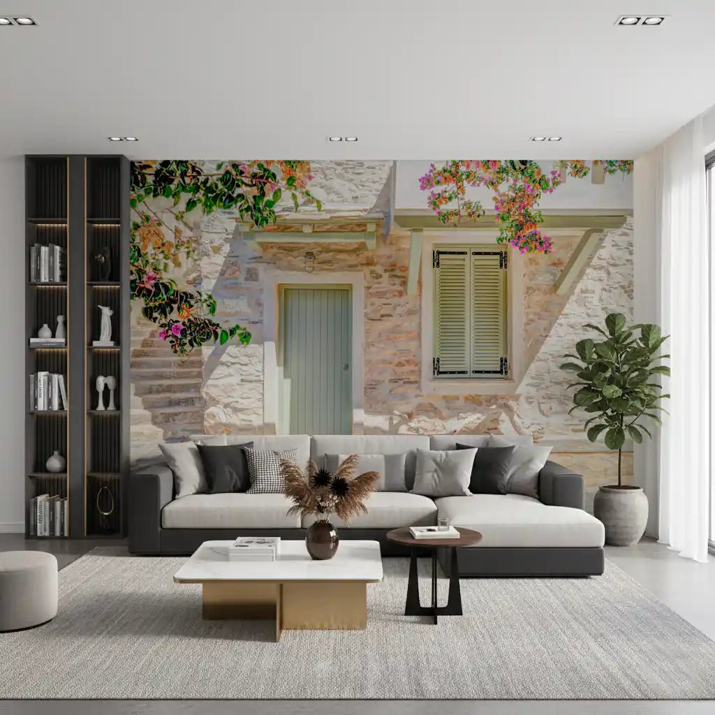 Living room with Mediterranean Doorway Charm Wall Mural and soft coastal light, GD8891