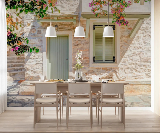 Dining area with Mediterranean Doorway Charm Wall Mural and warm alfresco tones