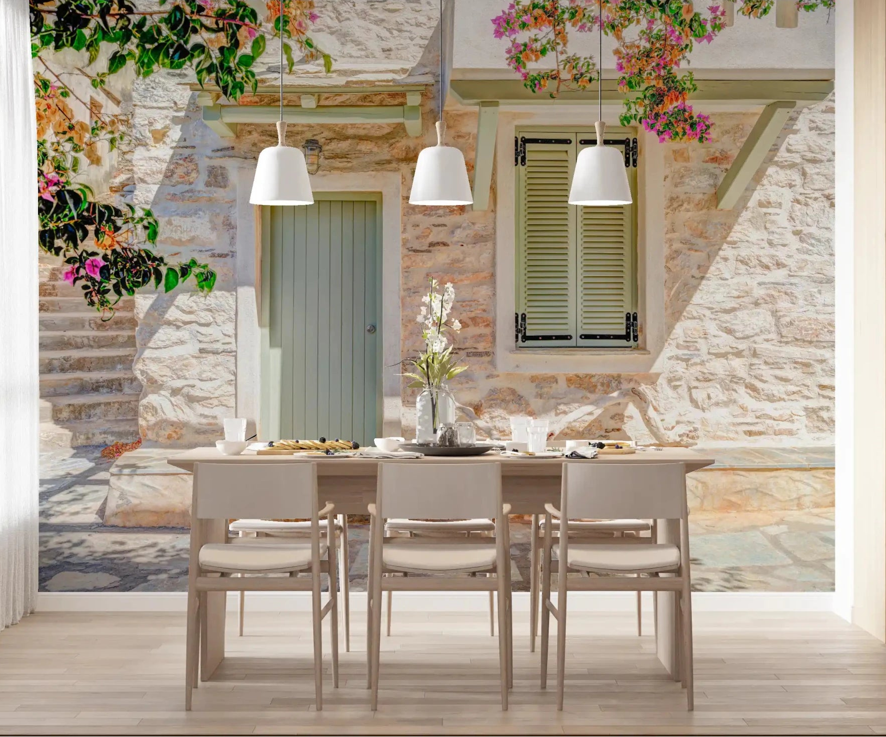 Dining area with Mediterranean Doorway Charm Wall Mural and warm alfresco tones, GD8891