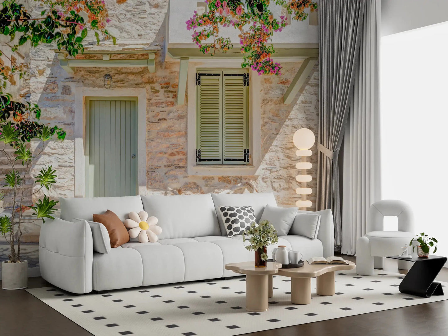 Stone doorway scene in Mediterranean Doorway Charm Wall Mural with blossoms, GD8891