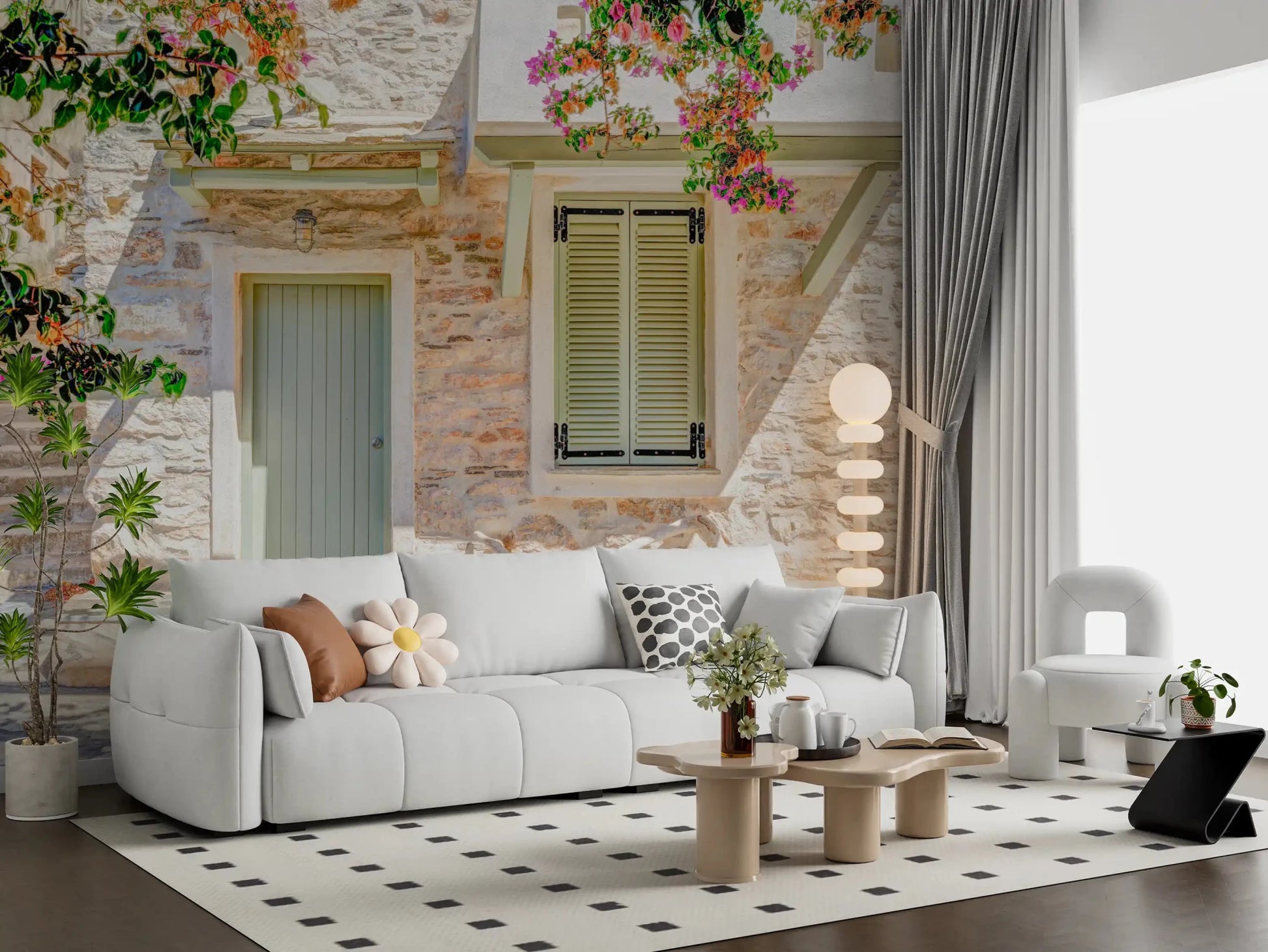 Stone doorway scene in Mediterranean Doorway Charm Wall Mural with blossoms, GD8891