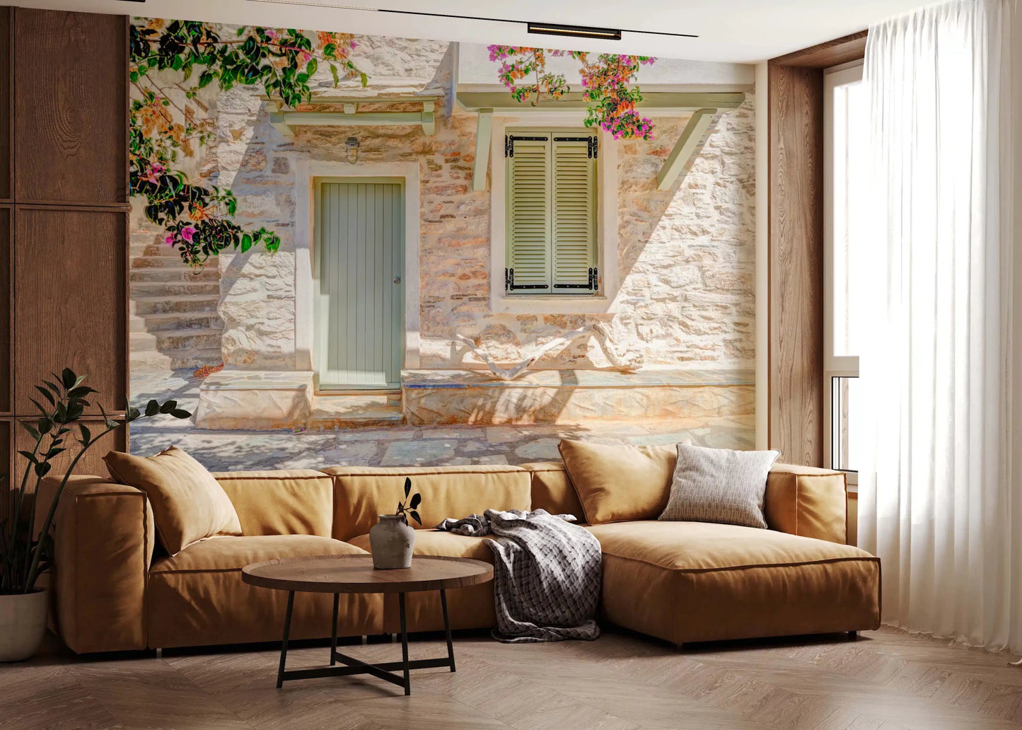 Lounge with Mediterranean Doorway Charm Wall Mural and blooming terrace accents, GD8891