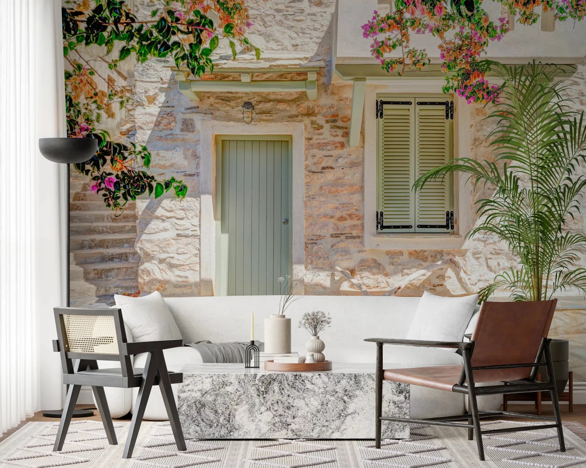 Living nook with Mediterranean Doorway Charm Wall Mural and rustic window charm, GD8891