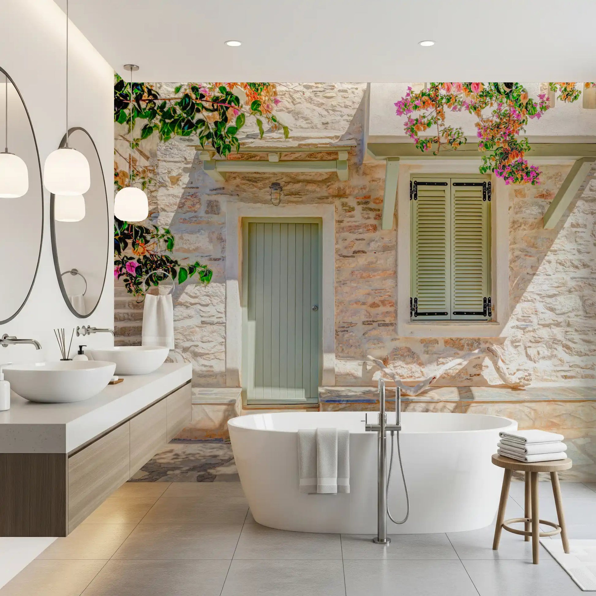 Bathroom with Mediterranean Doorway Charm Wall Mural and a sunlit stone facade, GD8891