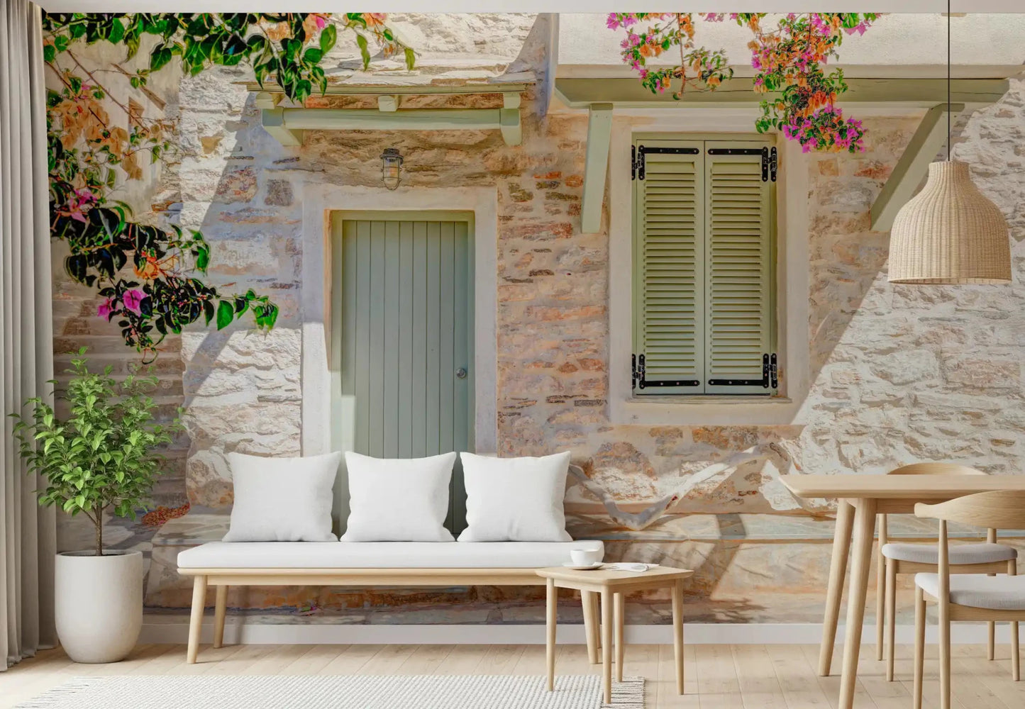 Bright sitting room with Mediterranean Doorway Charm Wall Mural and stone textures, GD8891