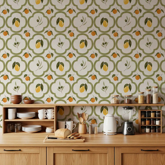 Kitchen featuring Mediterranean Harvest wallpaper above the counterGD9138