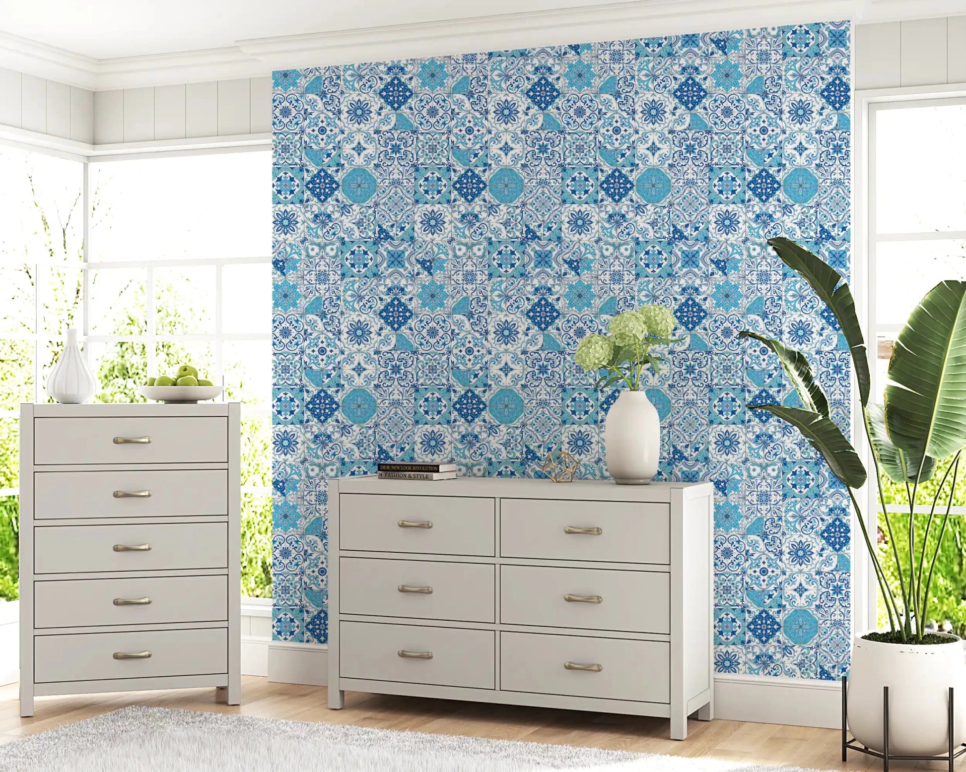 Mediterranean Hues wallpaper with repeating tile patterns in blue tones
