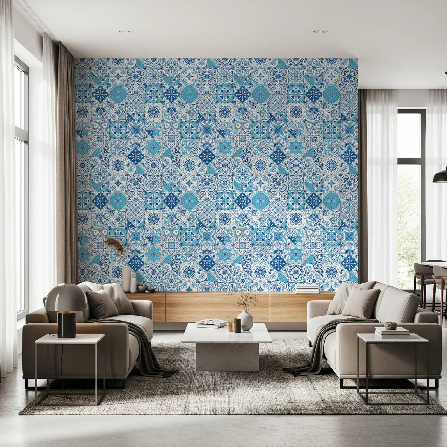 Living room styled with Mediterranean Hues Azulejo Tiles 2 wallpaper blue tiles