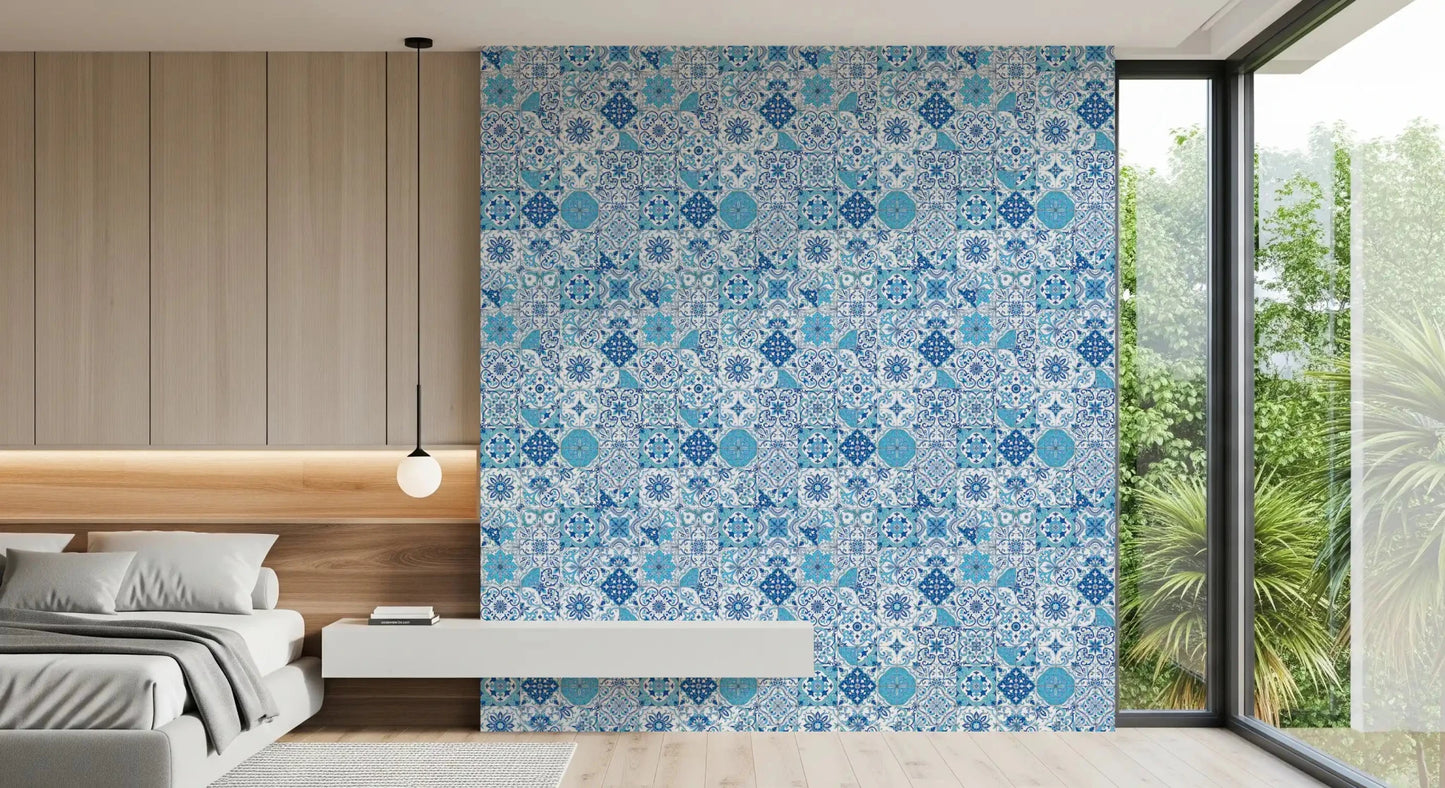 Decorative tile wallpaper featuring Azulejo Tiles 2 intricate blue layout