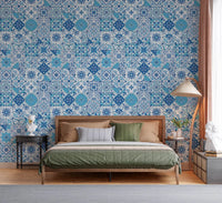 Bedroom wall featuring Azulejo Tiles 2 wallpaper with classic blue patterns