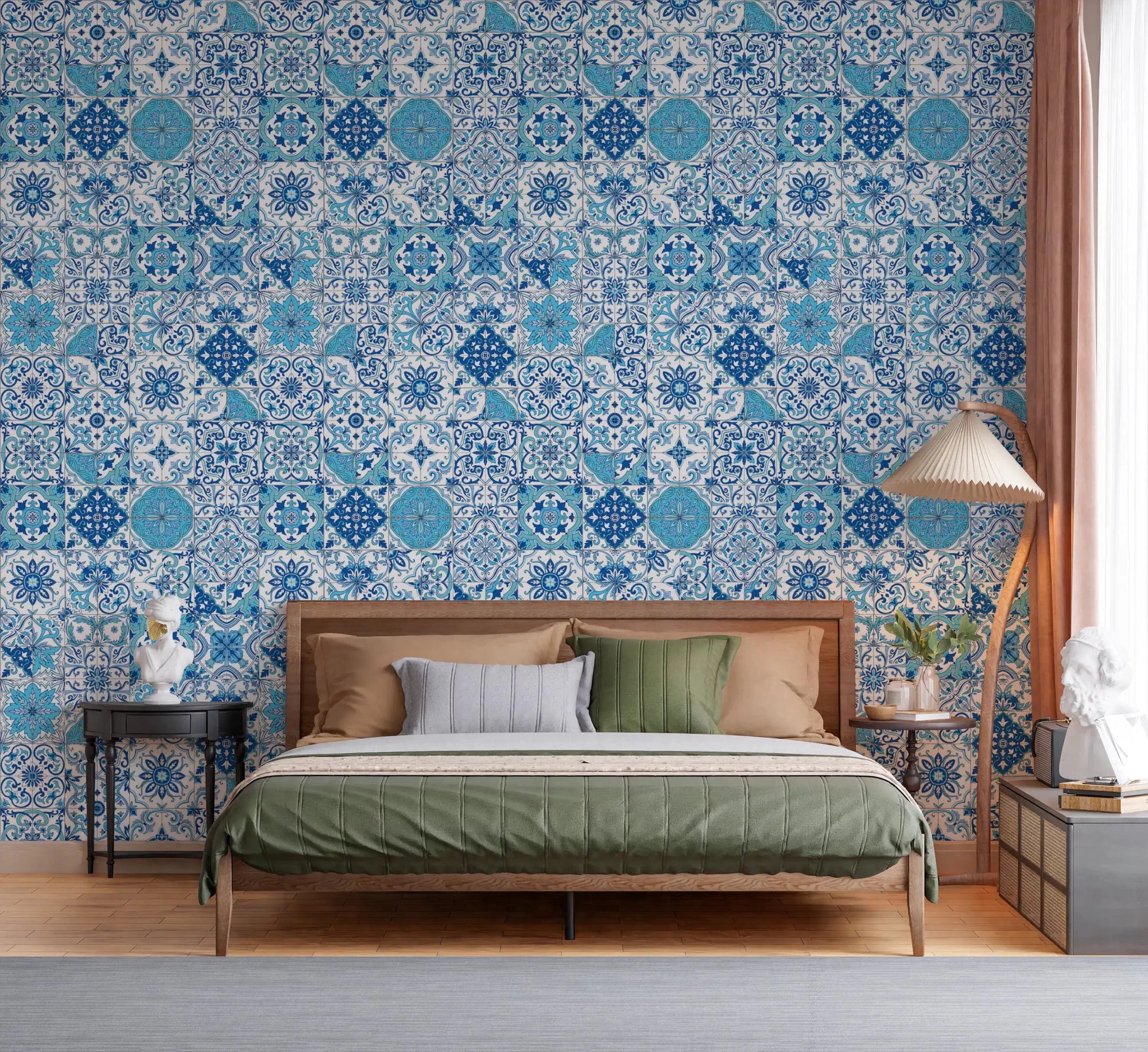 Bedroom wall featuring Azulejo Tiles 2 wallpaper with classic blue patterns, GD9237