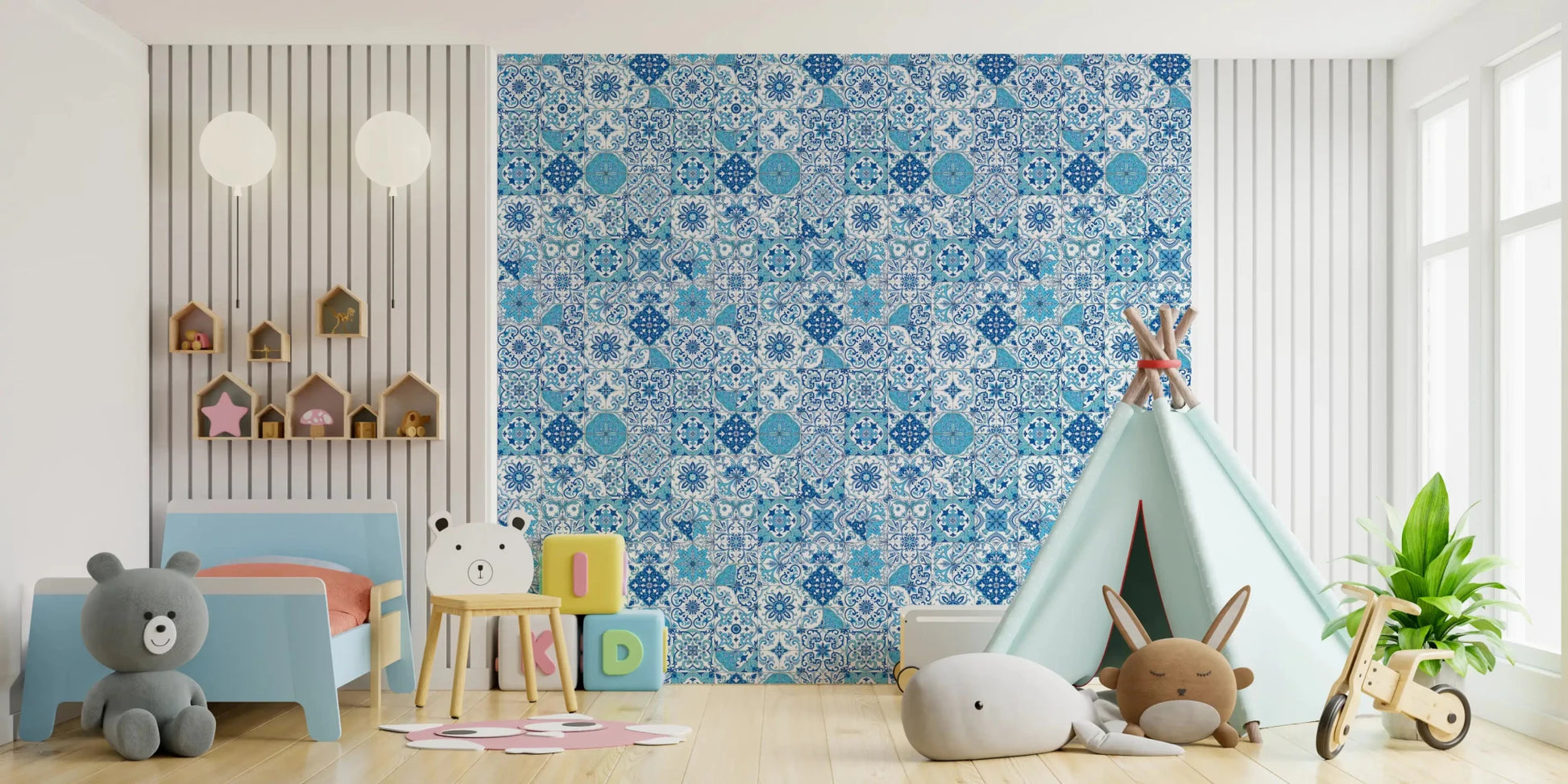 Kids room styled using Azulejo Tiles 2 wallpaper in blue tile layout